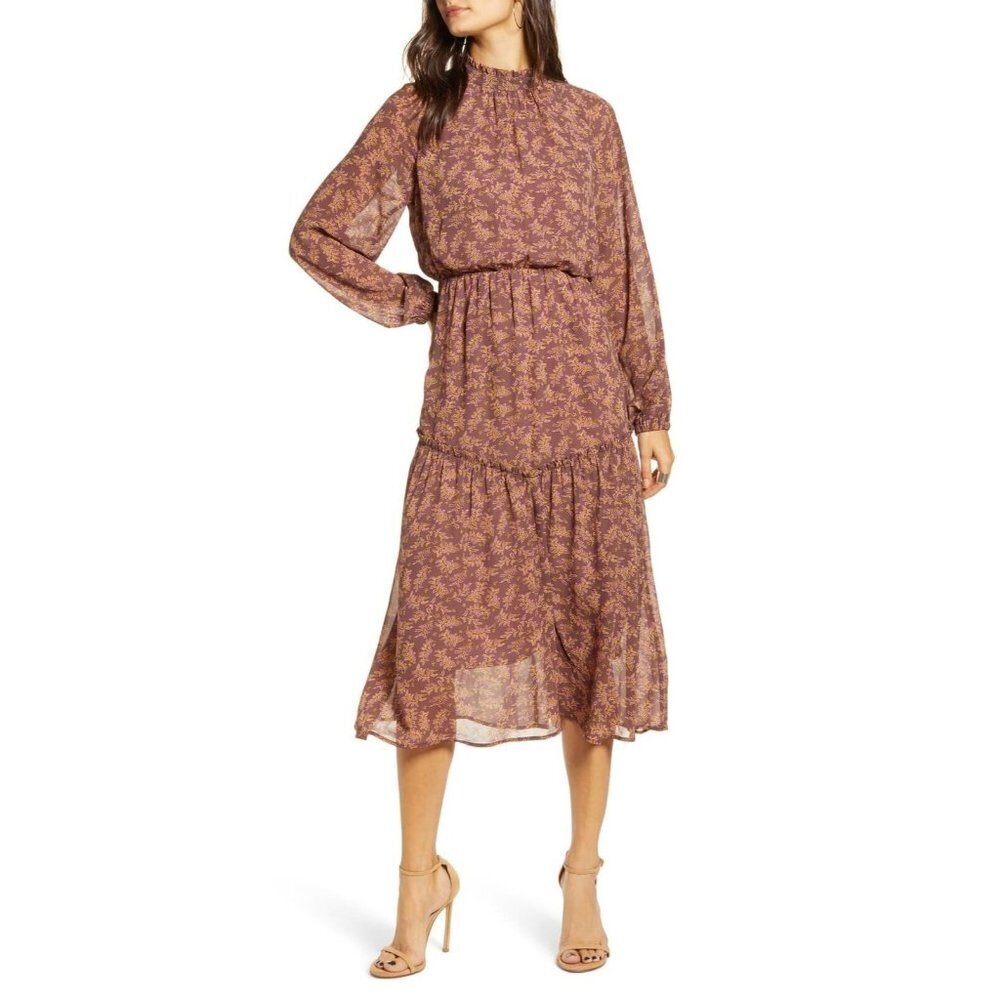 All In Favor Size M Floral Print Long Sleeve Prairie Midi Dress Cottagecore
